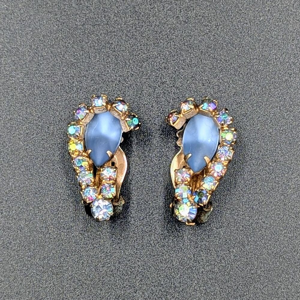 Vintage Blue Cat’s Eye & Aurora Borealis Rhinestone Clip-On Earrings Gold Tone